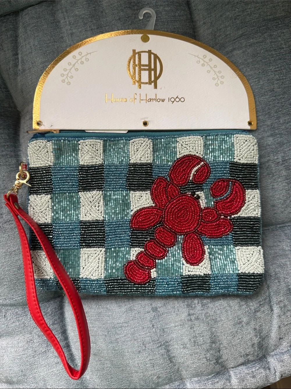 House of Harlow Beaded Check Wristlet with Red Lobster Made in India